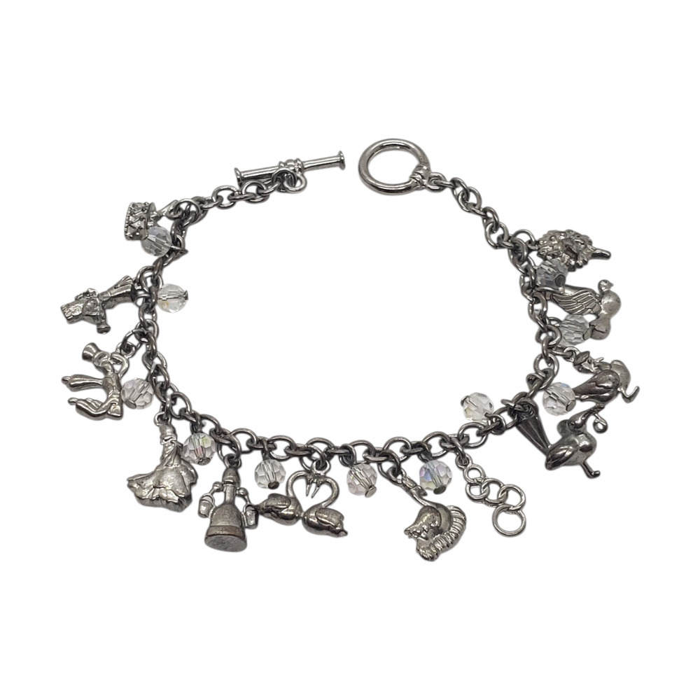 Vintage 12 Days of Christmas Charm Bracelet Silver Tone Crystal Holiday 8 Inch
